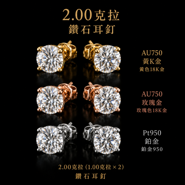 實驗室鑽石圓鑽耳環2克拉D.vs2 