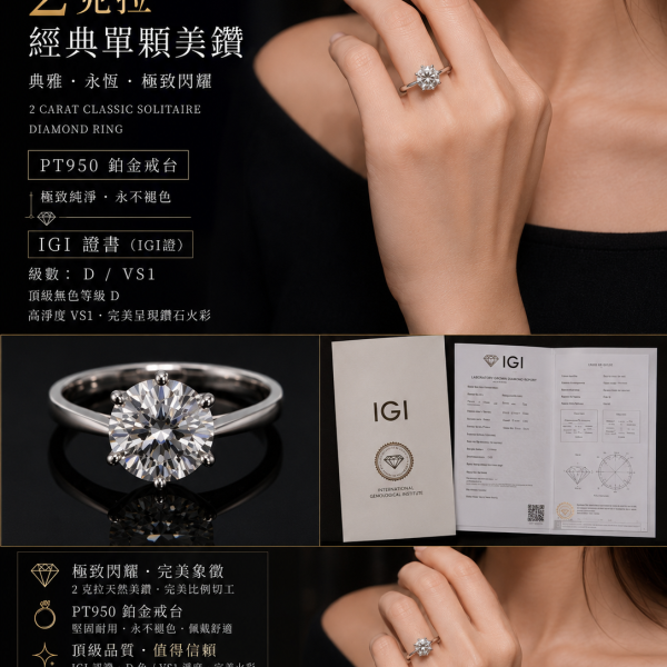 實驗室鑽石圓形女戒2克拉 