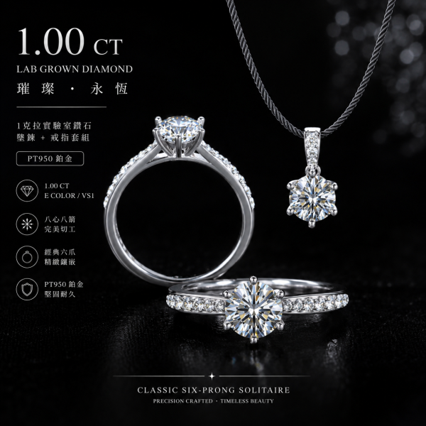 實驗室鑽石圓形套組(戒+墜)1克拉 