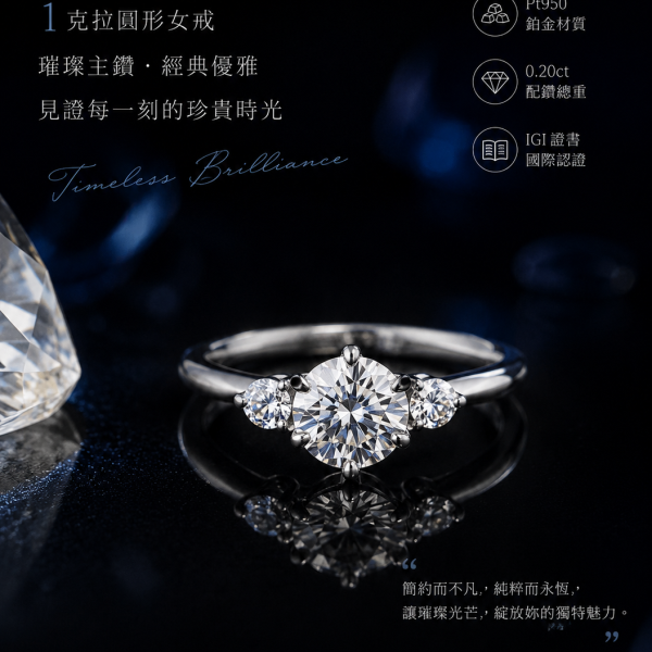 實驗室鑽石圓形女戒1克拉 