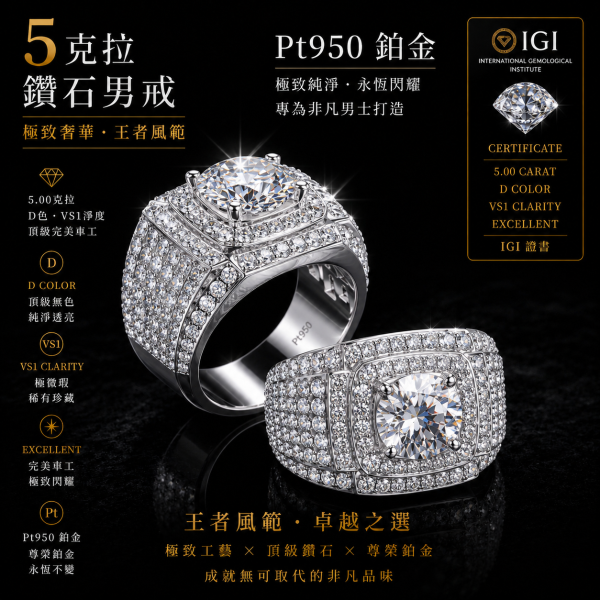 實驗室鑽石圓形男戒5克拉 
