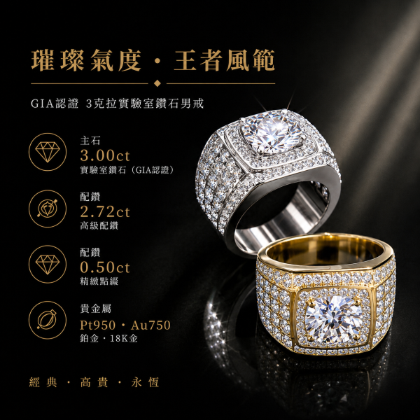 實驗室鑽石圓形男戒3克拉GlA.D.vs1 