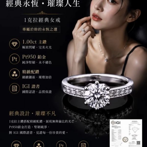 實驗室鑽石圓形女戒1克拉 