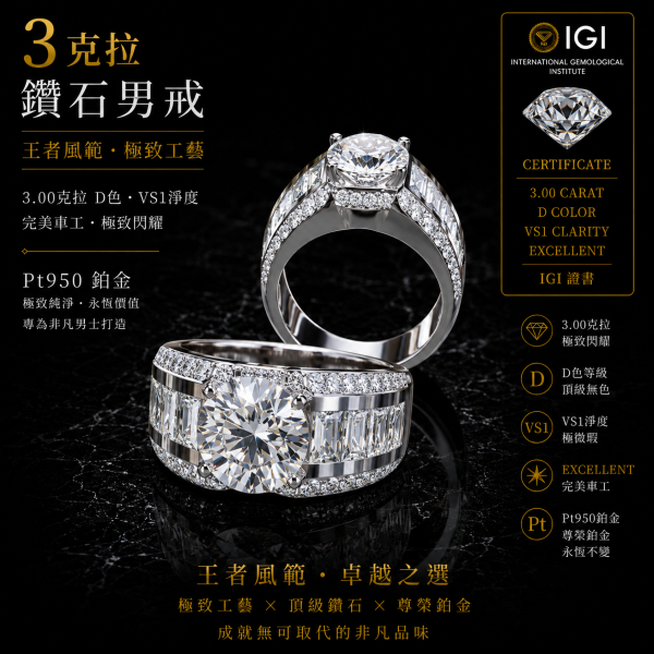 實驗室鑽石圓形男戒3克拉 