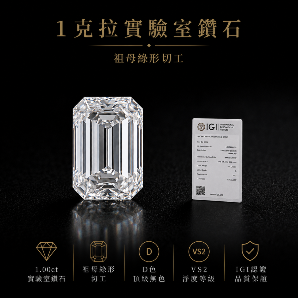 實驗室鑽石祖母綠形IGI.1克拉D.vs2 