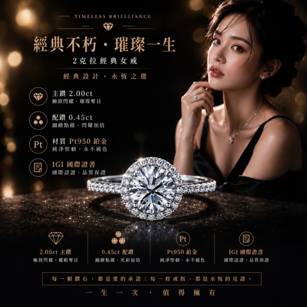 實驗室鑽石圓形女戒2克拉 