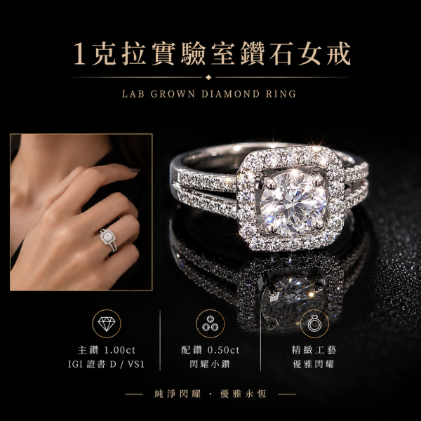 實驗室鑽石圓形女戒1克拉 