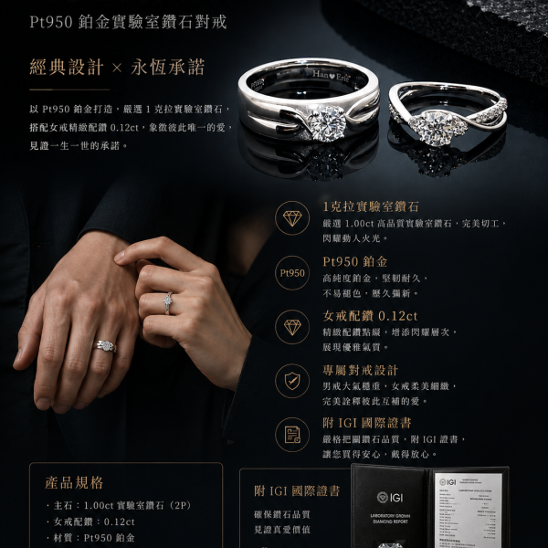 實驗室鑽石圓形男女對戒 