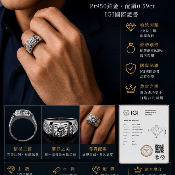 實驗室鑽石圓形男戒2克拉 