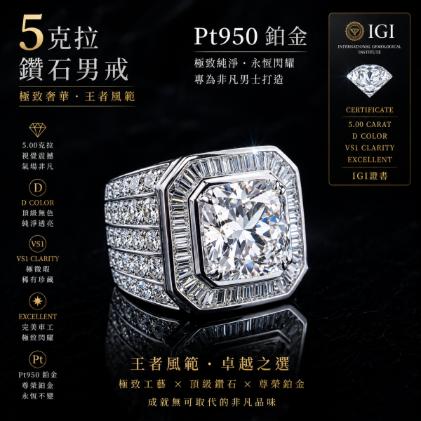 實驗室鑽石圓形男戒5克拉 