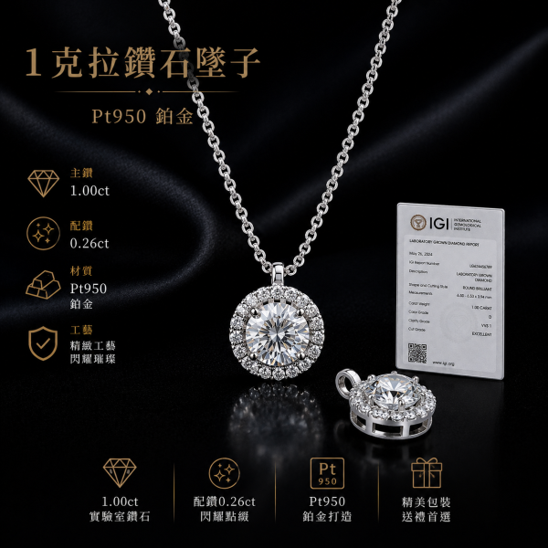 實驗室鑽石圓形墜子1克拉 