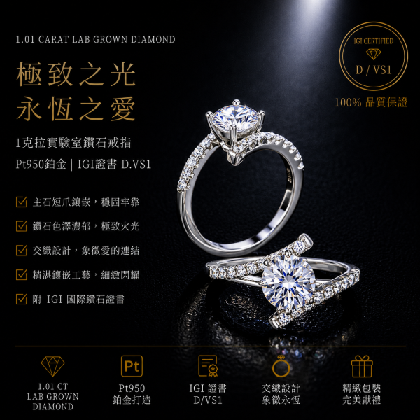 實驗室鑽石圓形女戒1克拉 