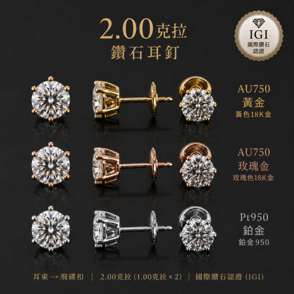實驗室鑽石圓鑽耳環2克拉D.vs1 