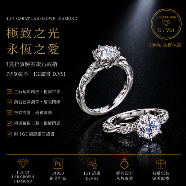 實驗室鑽石圓形女戒1克拉 