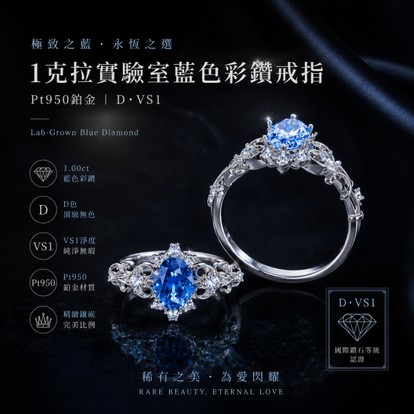 實驗室藍彩鑽橢圓形女戒1克拉 