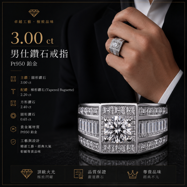 實驗室鑽石圓形男戒3克拉 