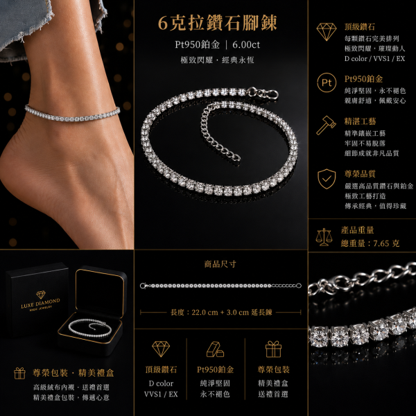 實驗室鑽石圓形腳鍊6克拉(1粒10分) 