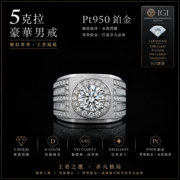 實驗室鑽石圓形男戒5克拉 