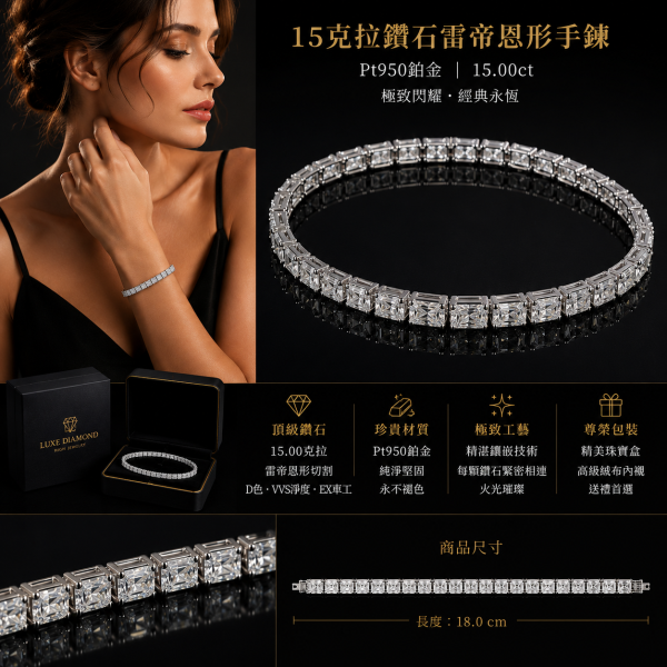 實驗室鑽石雷帝恩15克拉手鍊(一粒50分) 
