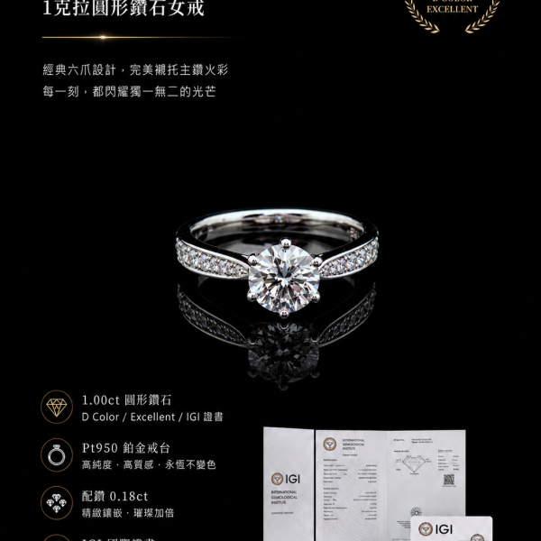 實驗室鑽石圓形女戒1克拉 