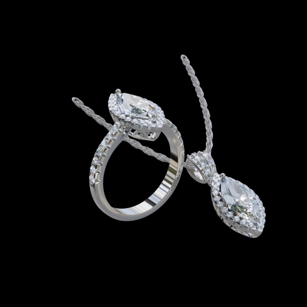 實驗室鑽石馬眼形套组(戒+墜)2克拉 