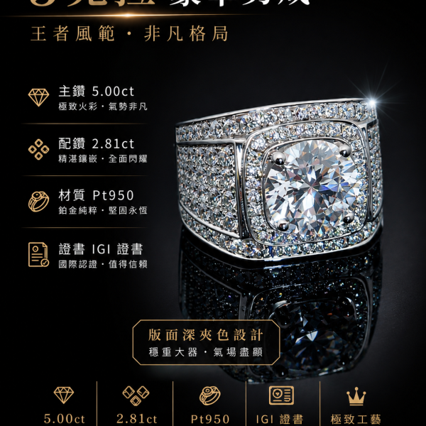 實驗室鑽石圓形男戒5克拉 