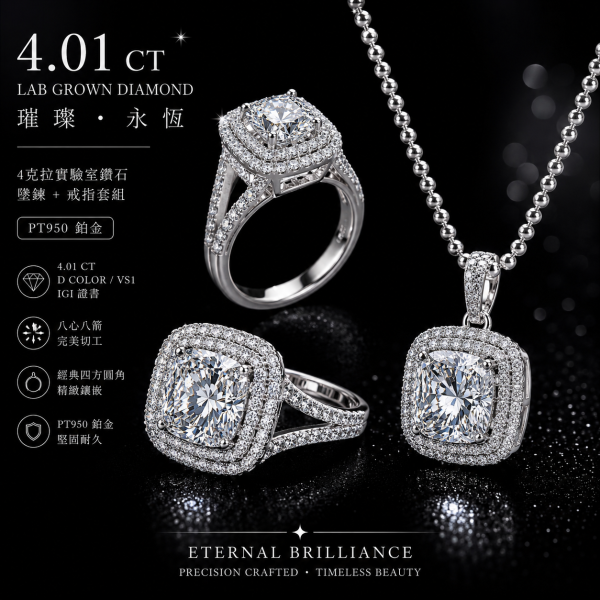 實驗室鑽石圓形套組(戒+墜)4克拉 