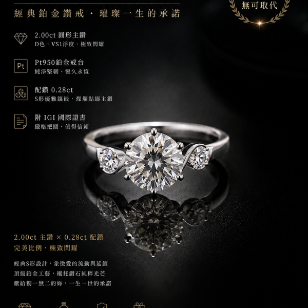 實驗室鑽石圓形女戒2克拉 