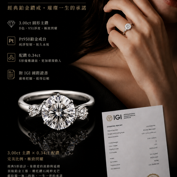 實驗室鑽石圓形女戒3克拉 