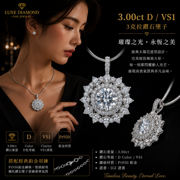 實驗室圓形項鍊3克拉D.vs1 
