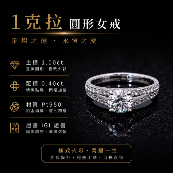 實驗室鑽石圓形女戒1克拉 