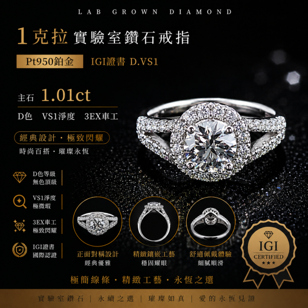 實驗室鑽石圓形女戒1克拉 