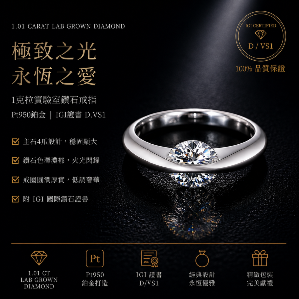 實驗室鑽石圓鑽女戒1克拉D.vs1 