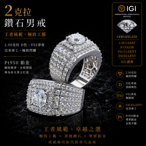 實驗室鑽石圓形男戒2克拉 