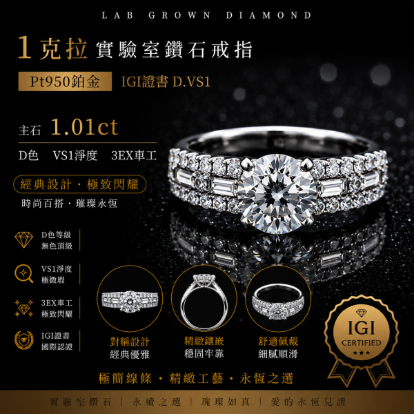 實驗室鑽石圓形女戒1克拉 
