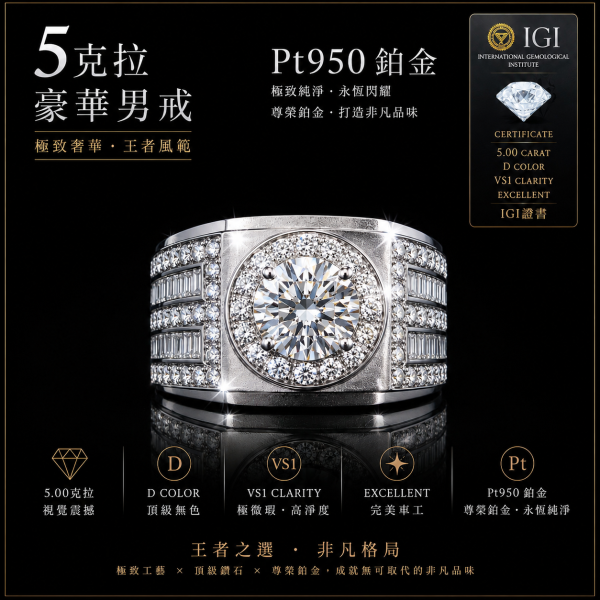 實驗室鑽石圓形男戒5克拉 