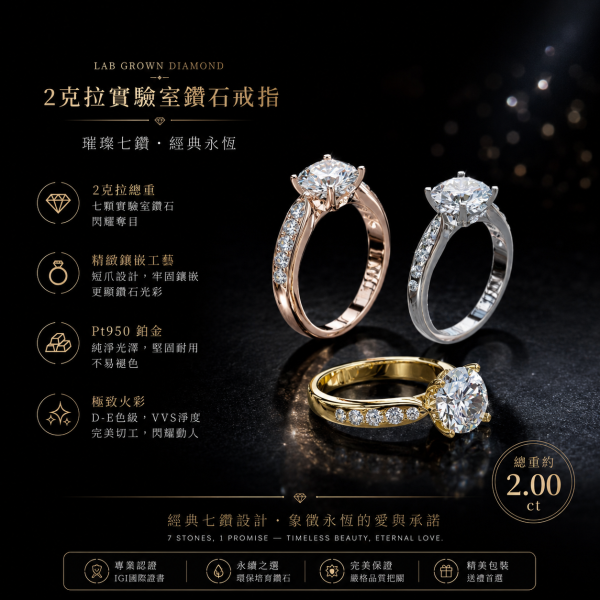 實驗室鑽石圓形女戒2克拉 