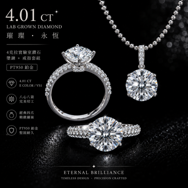 實驗室鑽石圓形套組(戒+墜)4克拉 