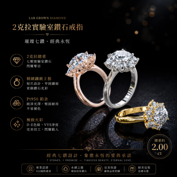 實驗室鑽石圓形女戒2克拉 