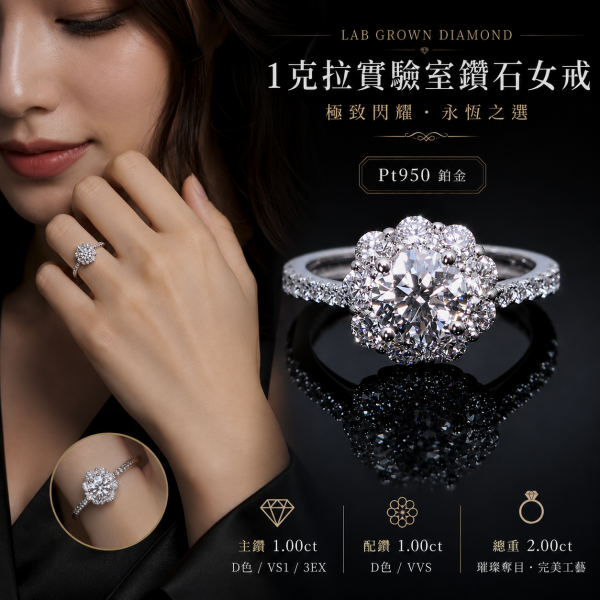 實驗室鑽石圓形女戒1克拉 