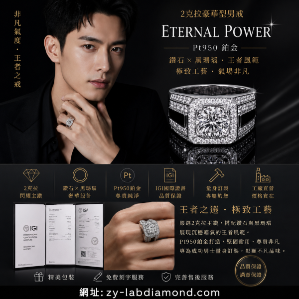 實驗室鑽石圓形(黑瑪瑙)男戒2克拉 