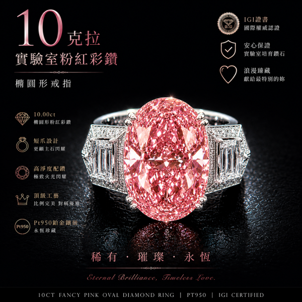實驗室粉紅彩鑽橢圓女戒10克拉 