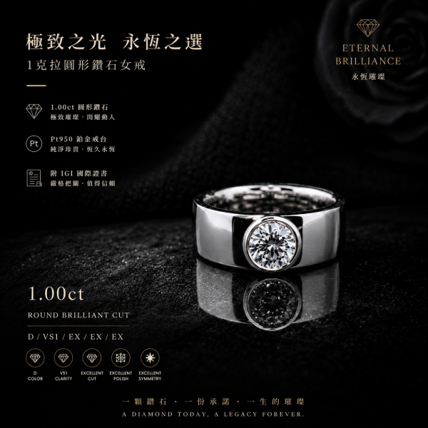 實驗室鑽石圓形女戒1克拉 