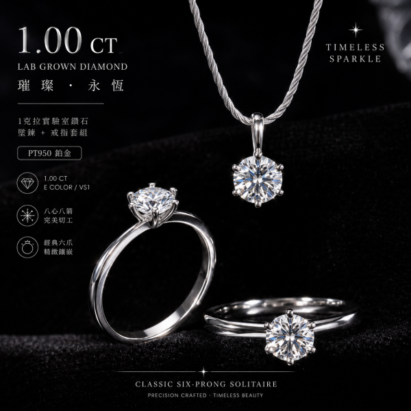 實驗室鑽石圓形套組(戒+墜)1克拉 