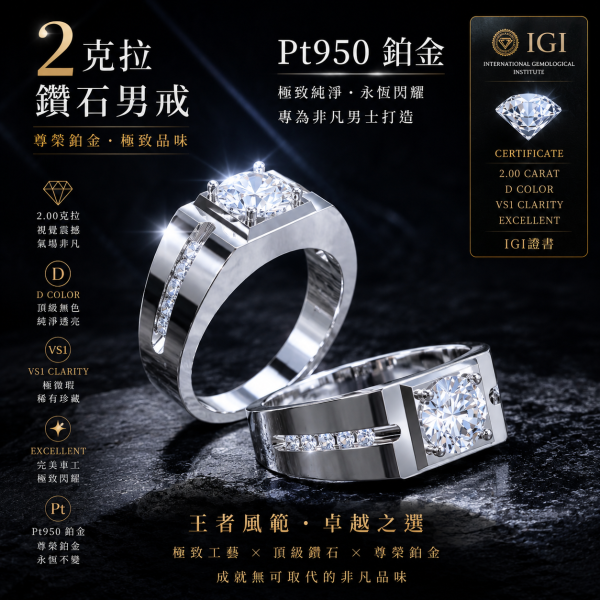 實驗室鑽石圓形男戒2克拉 