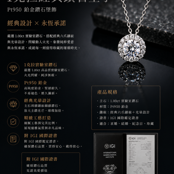 實驗室鑽石圓形墜子1克拉 