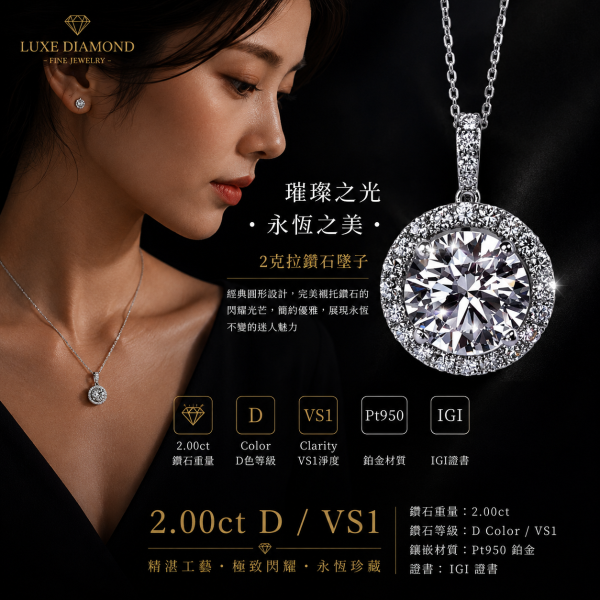 實驗室鑽石圓形墜子2克拉 