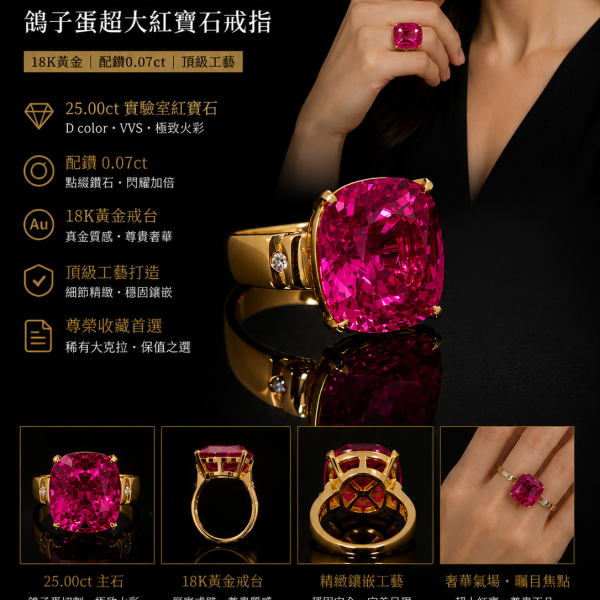 實驗室红寶石枕形女戒25克拉 