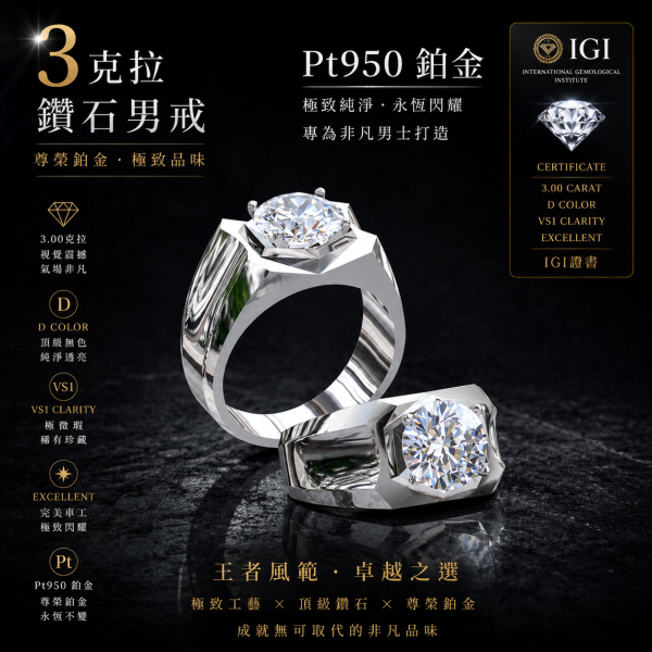 實驗室鑽石圓形男戒3克拉 