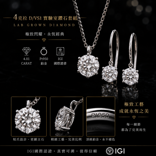 實驗室鑽石圓形套組(墜+耳)4克拉 